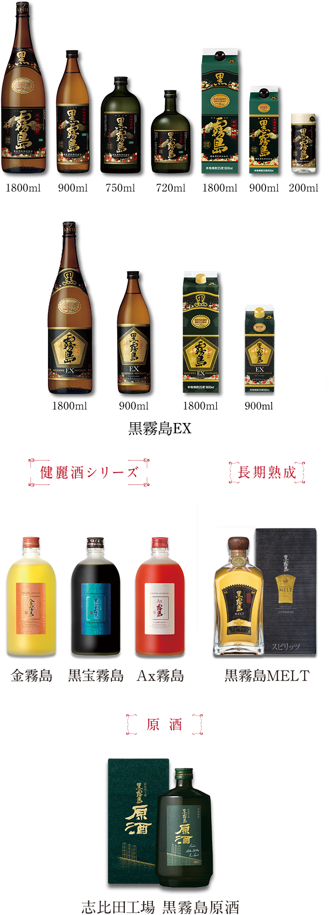 商品ラインナップ黒霧島・健麗酒シリーズ・長期熟成