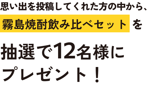 我们将随机抽取 12 位提交回忆录的人，赠送一套桐岛烧酒品鉴套装！